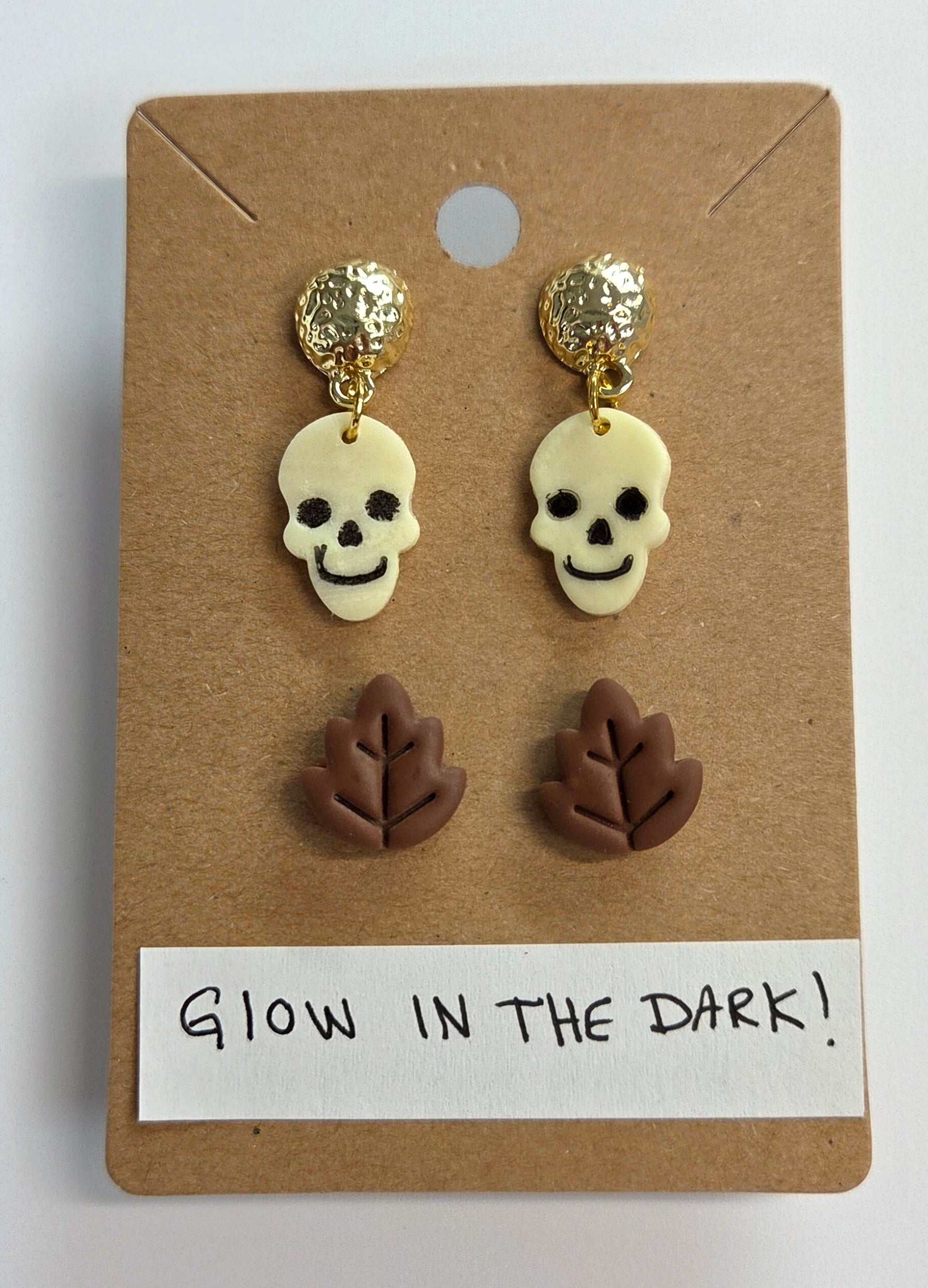 Glow in the Dark Skull dangle earrings with Brown leaf Studs!
