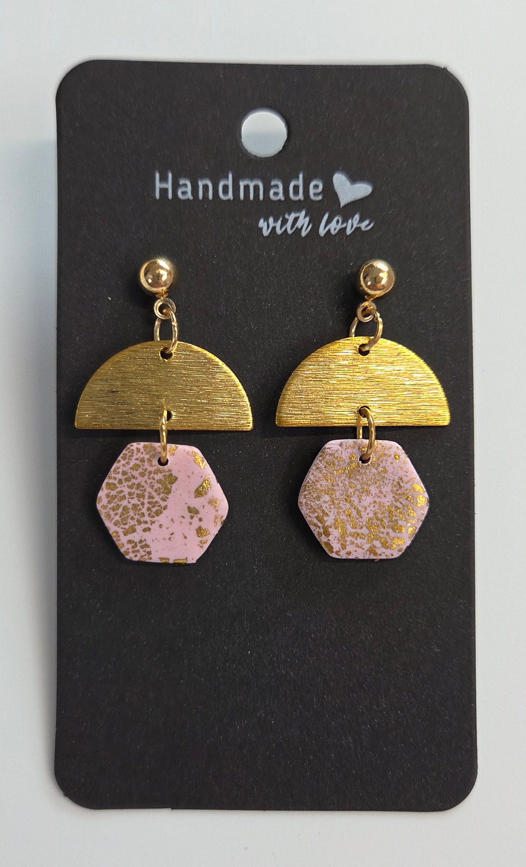 Crackle Gold Flake on Baby pink, Half Moon Gold Dangle Earring!