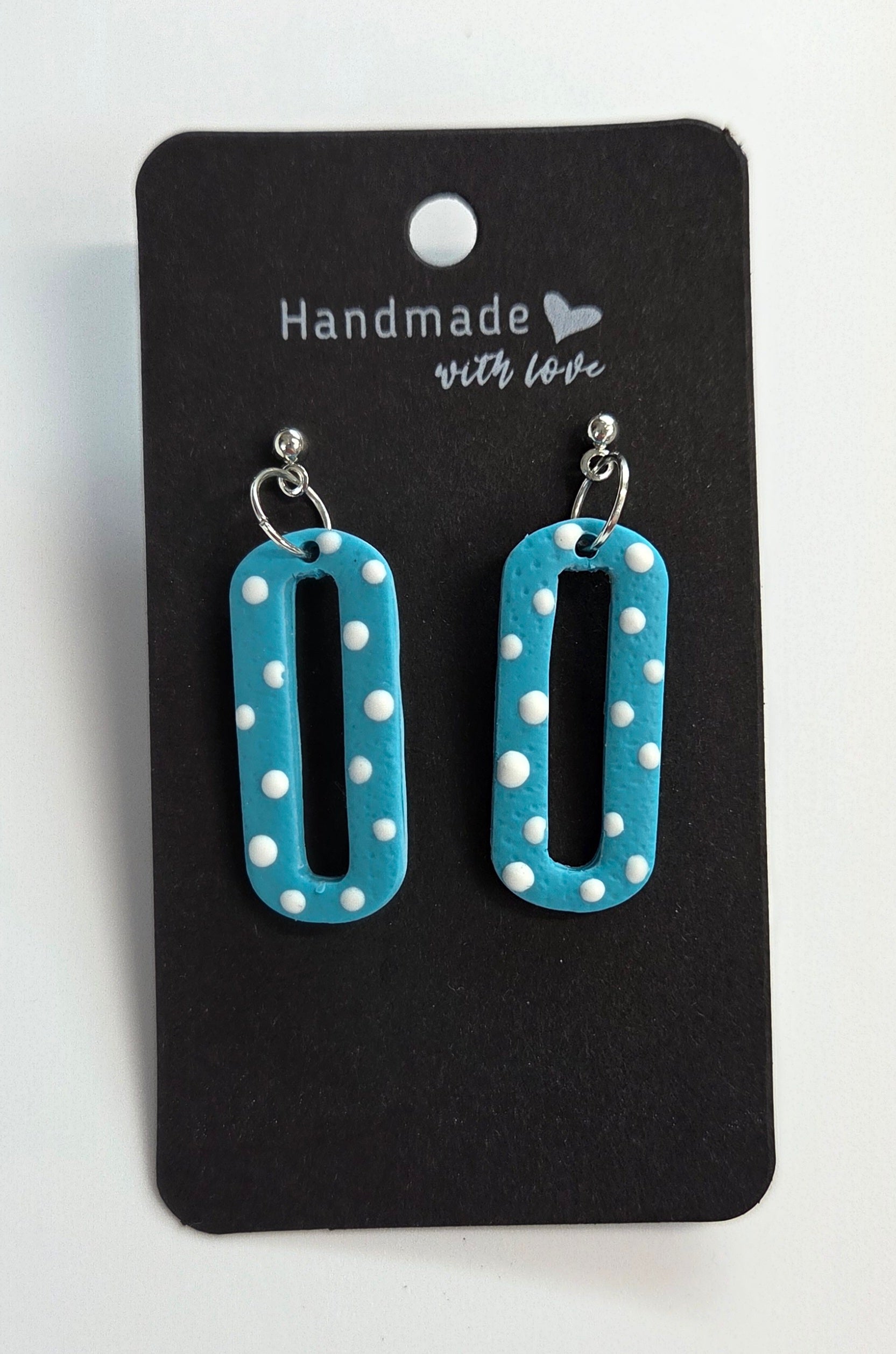 Blue Long Ovals with White Polka dot Stud Dangles!