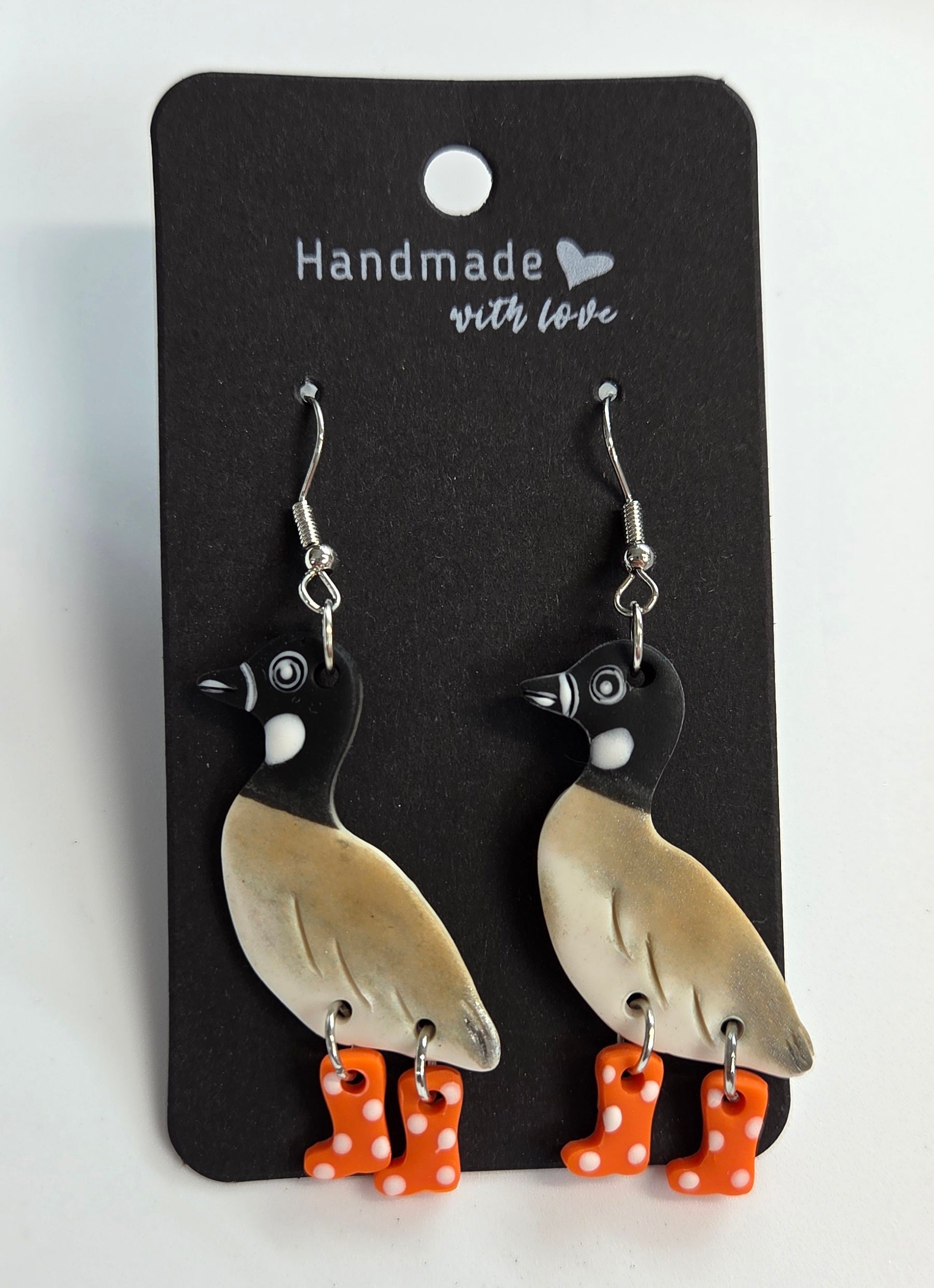 Canadian Goose in Pink Polka dots Rubber Boot Dangle Earrings!