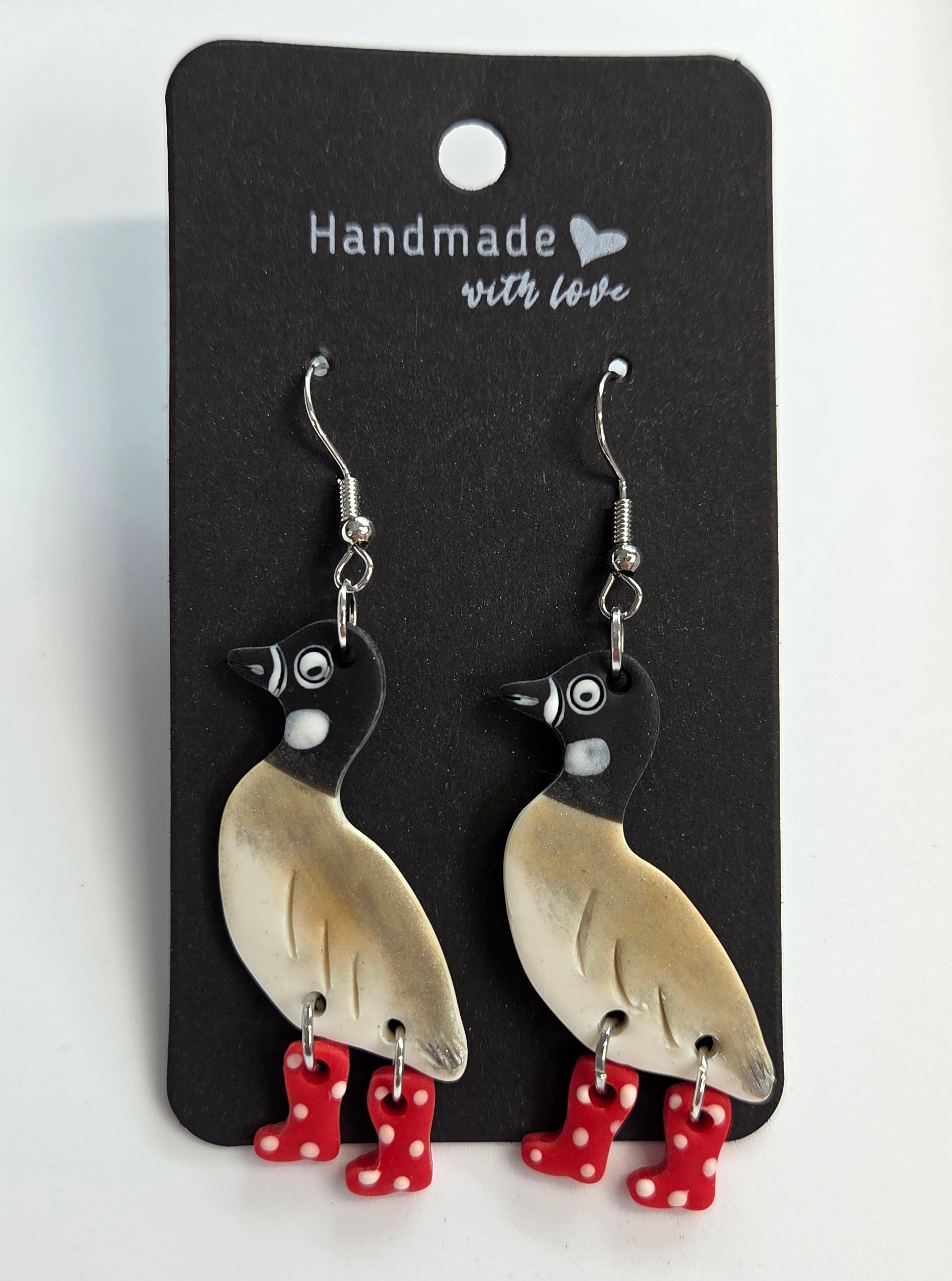 Canadian Goose in Pink Polka dots Rubber Boot Dangle Earrings!