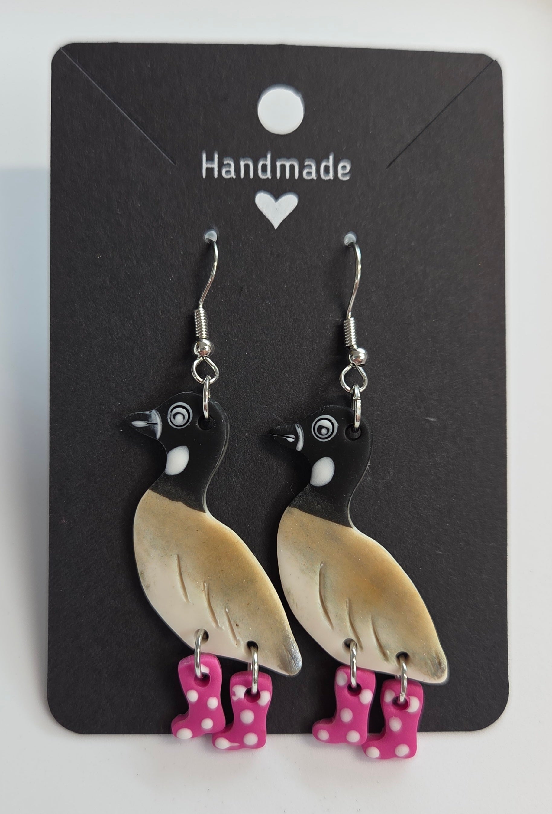 Canadian Goose in Pink Polka dots Rubber Boot Dangle Earrings!