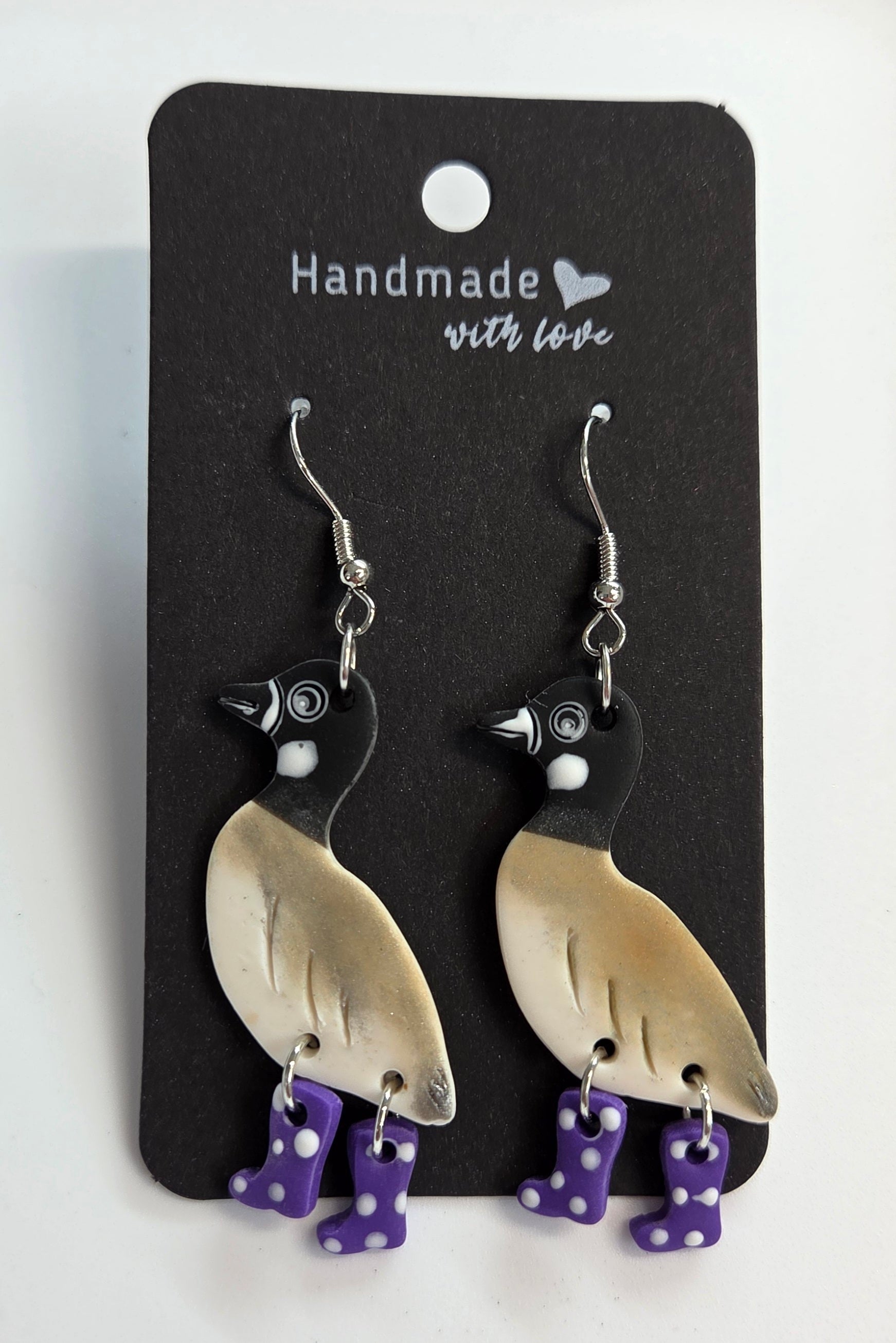 Canadian Goose in Pink Polka dots Rubber Boot Dangle Earrings!