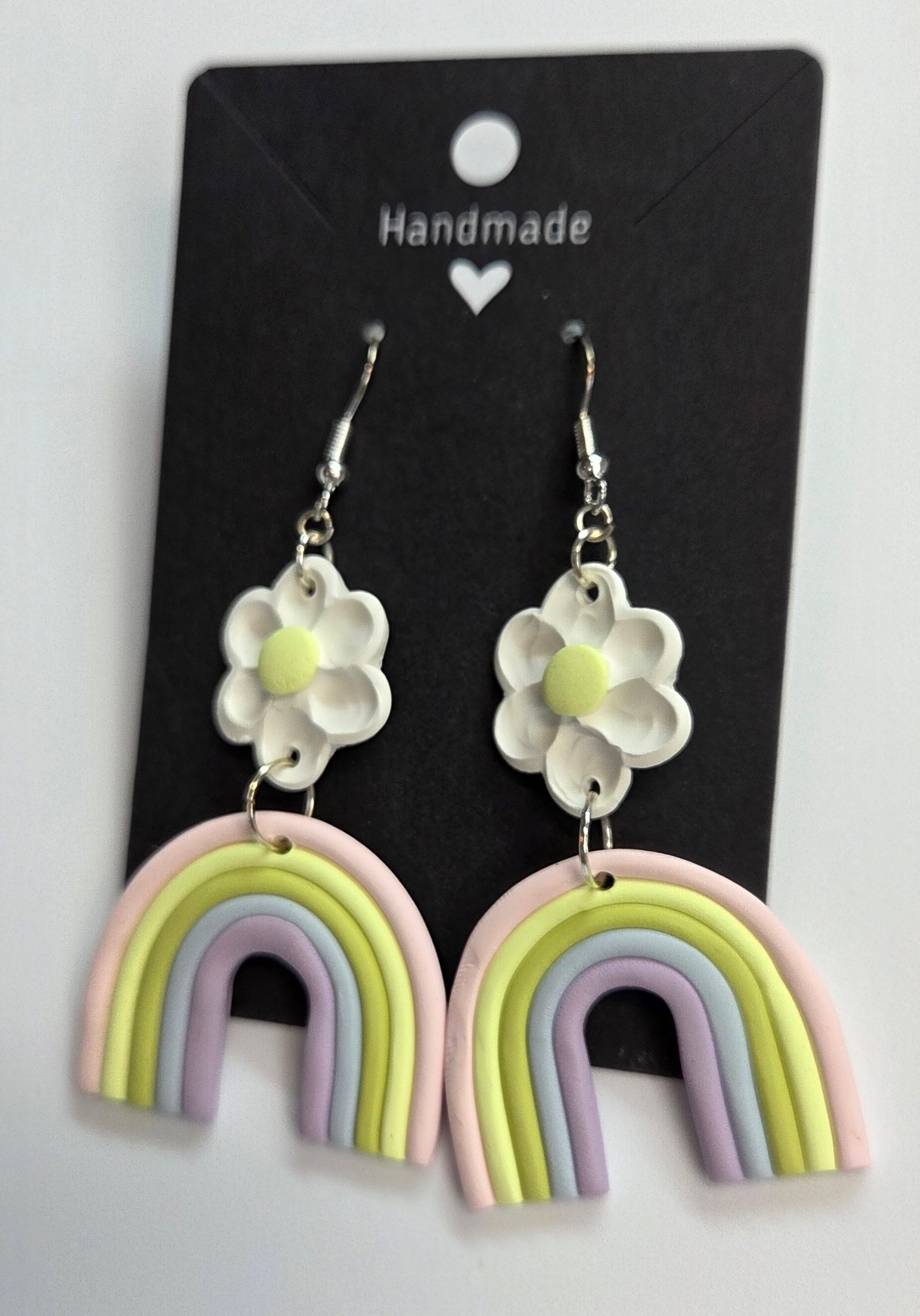 Large Rainbow with Daisy Flowers Dangle Earrings!