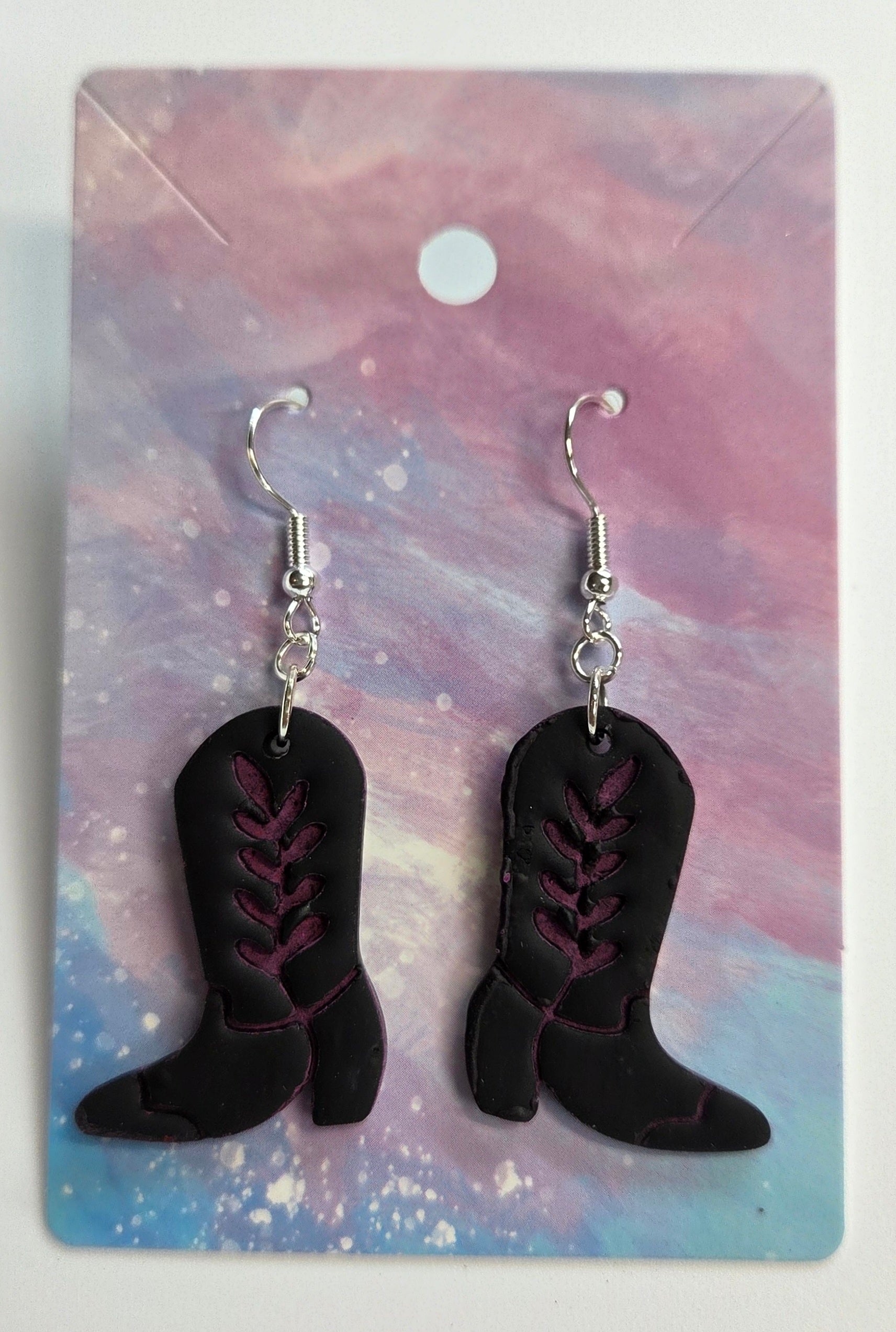 Black Cowboy Boots with a hint of Pink Dangle Earrings!