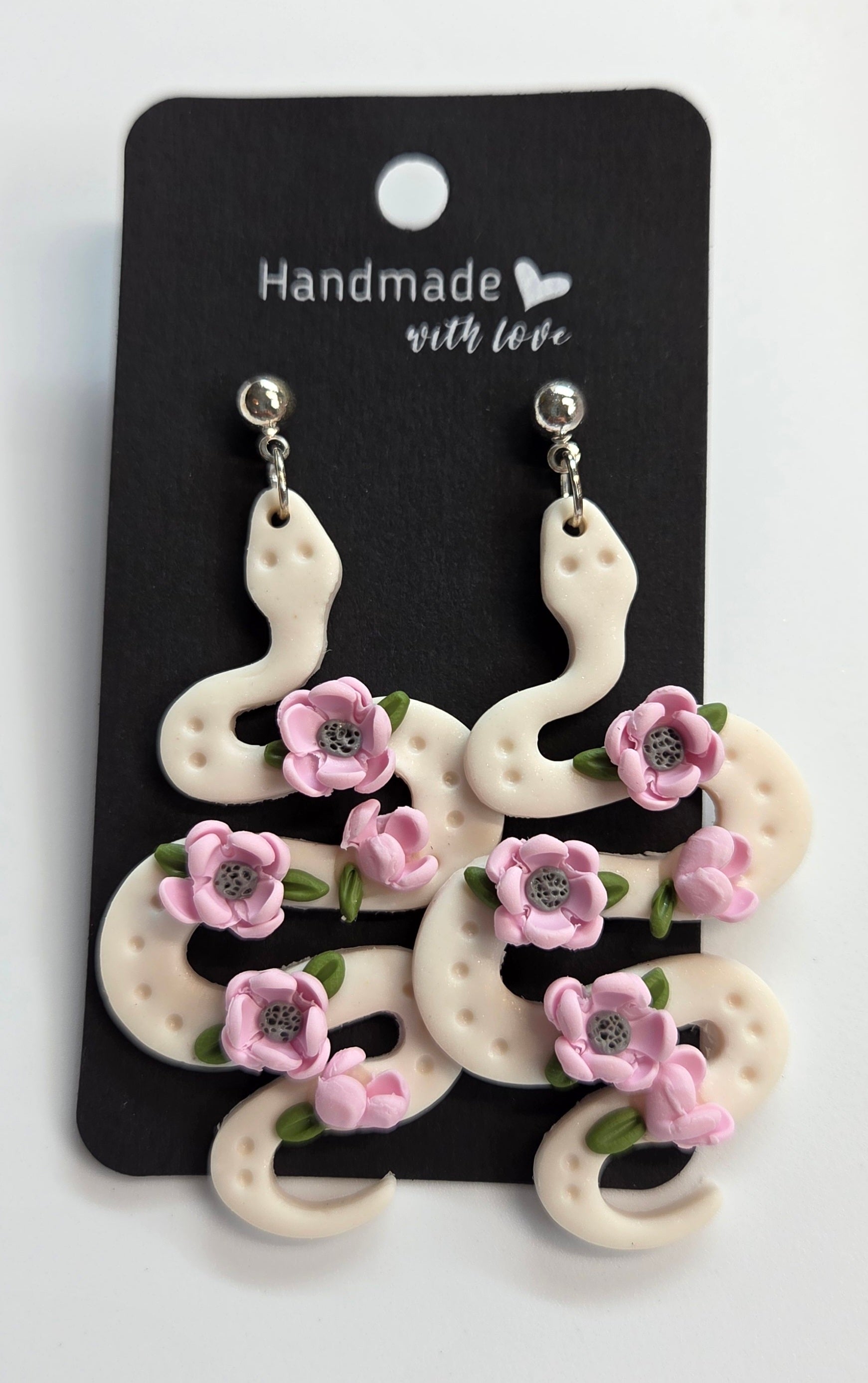 White Snake With Pink Flowers Stud Dangle Earrings!