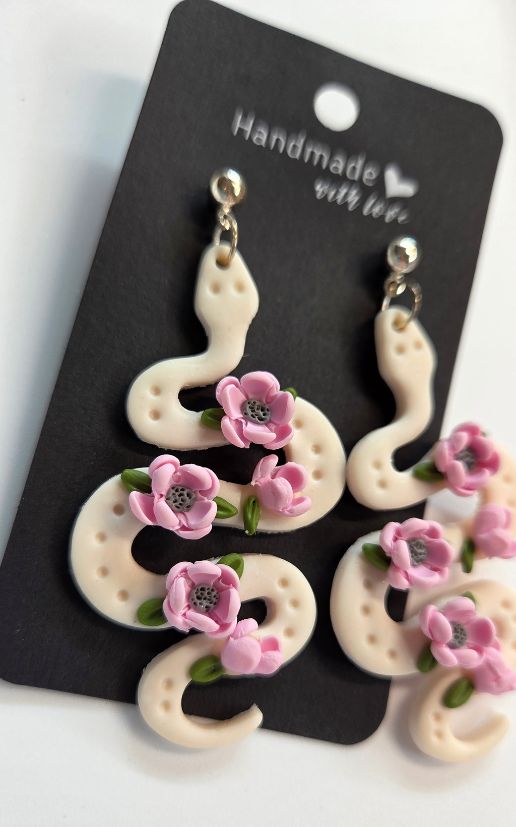 White Snake With Pink Flowers Stud Dangle Earrings!