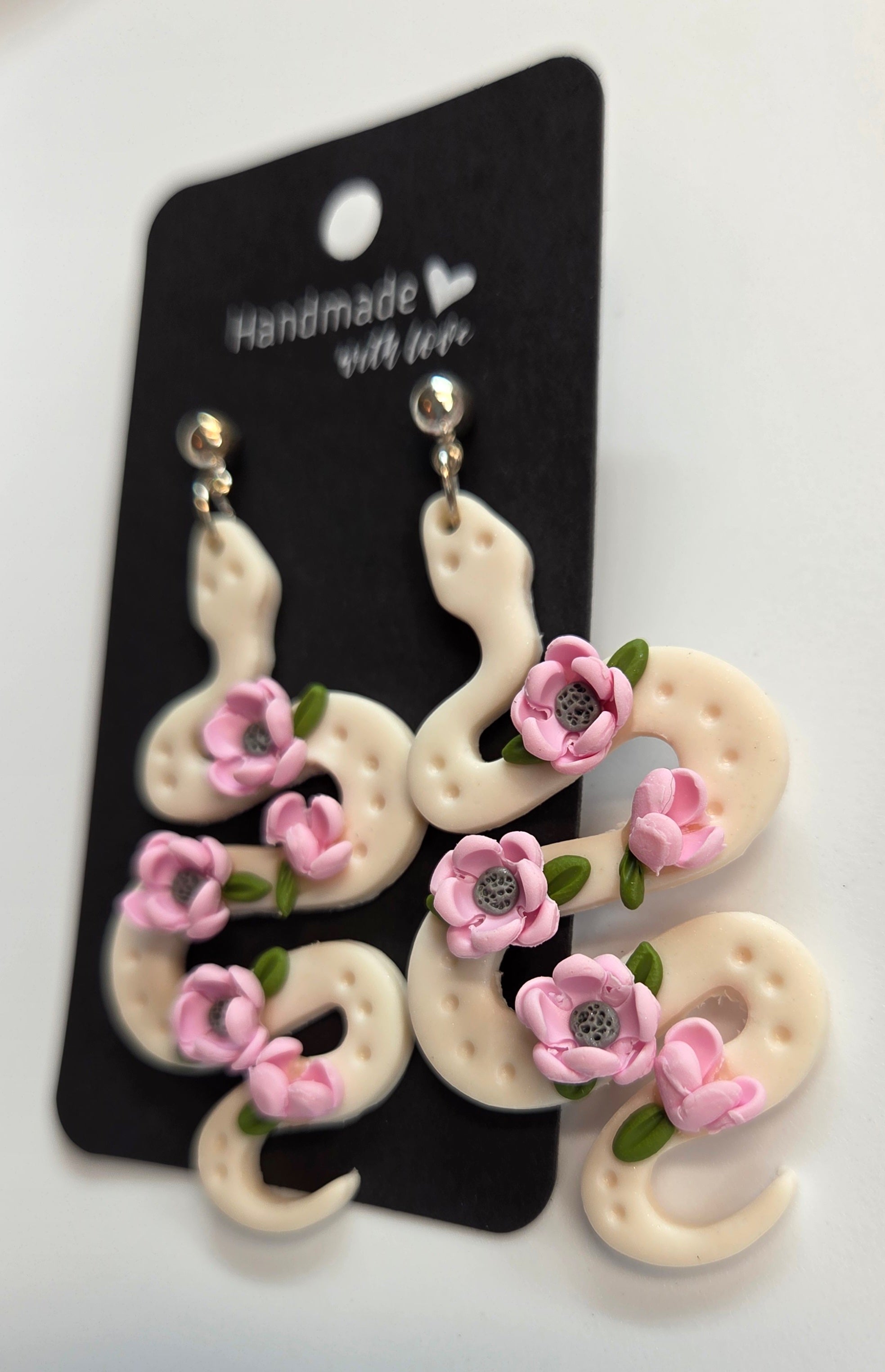 White Snake With Pink Flowers Stud Dangle Earrings!