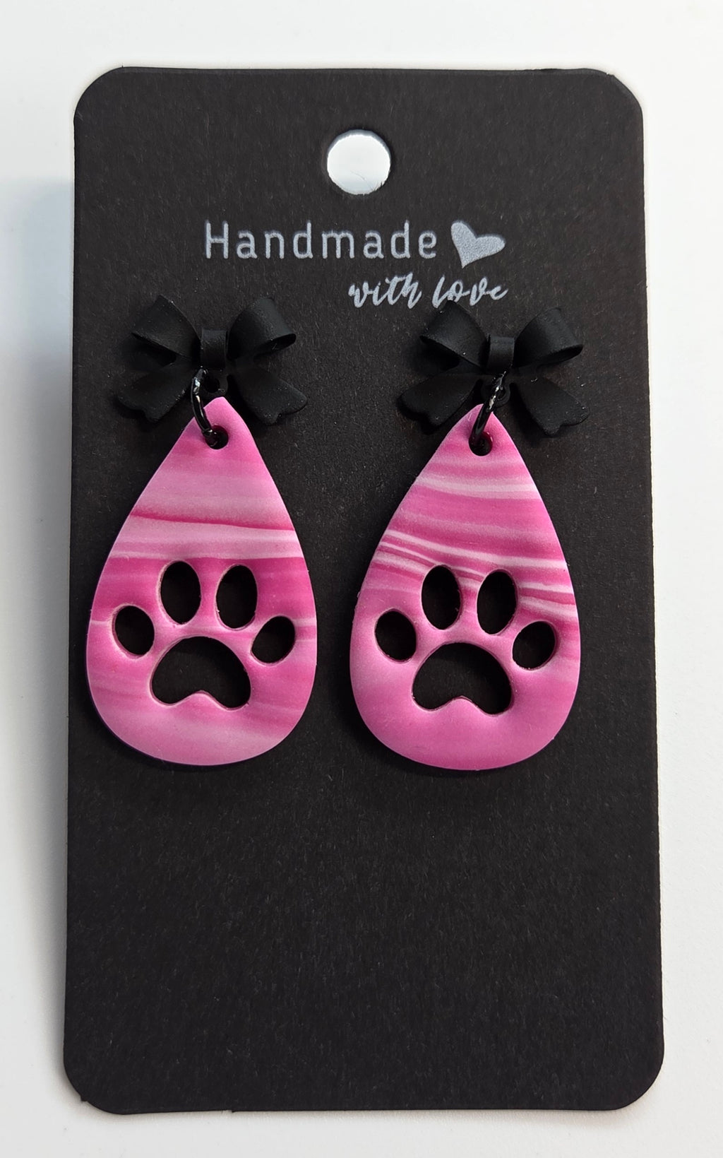 Pink Paw Drop Dangle with Black Bow Studs!