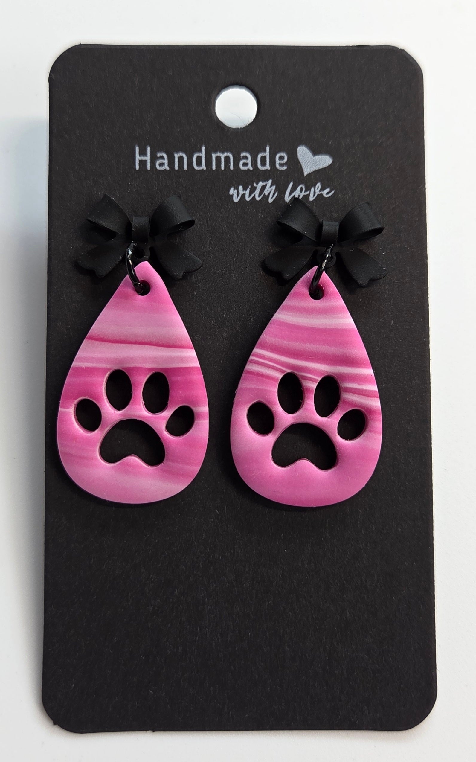Pink Paw Drop Dangle with Black Bow Studs!