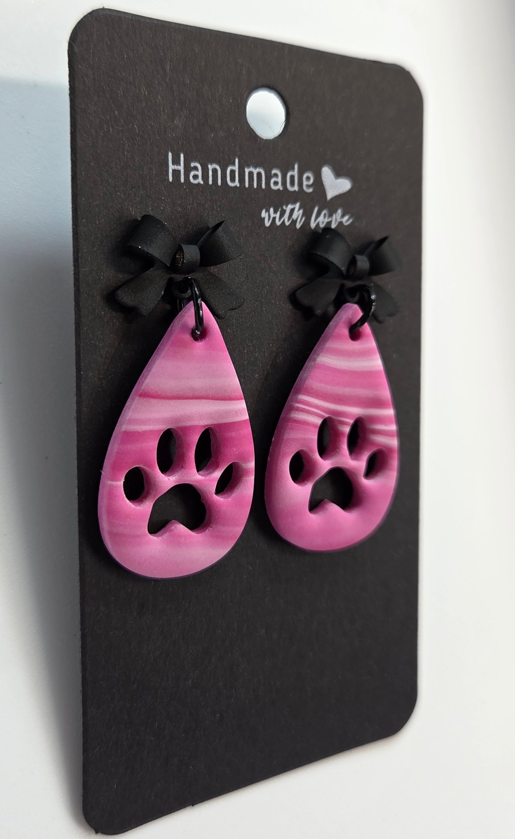 Pink Paw Drop Dangle with Black Bow Studs!