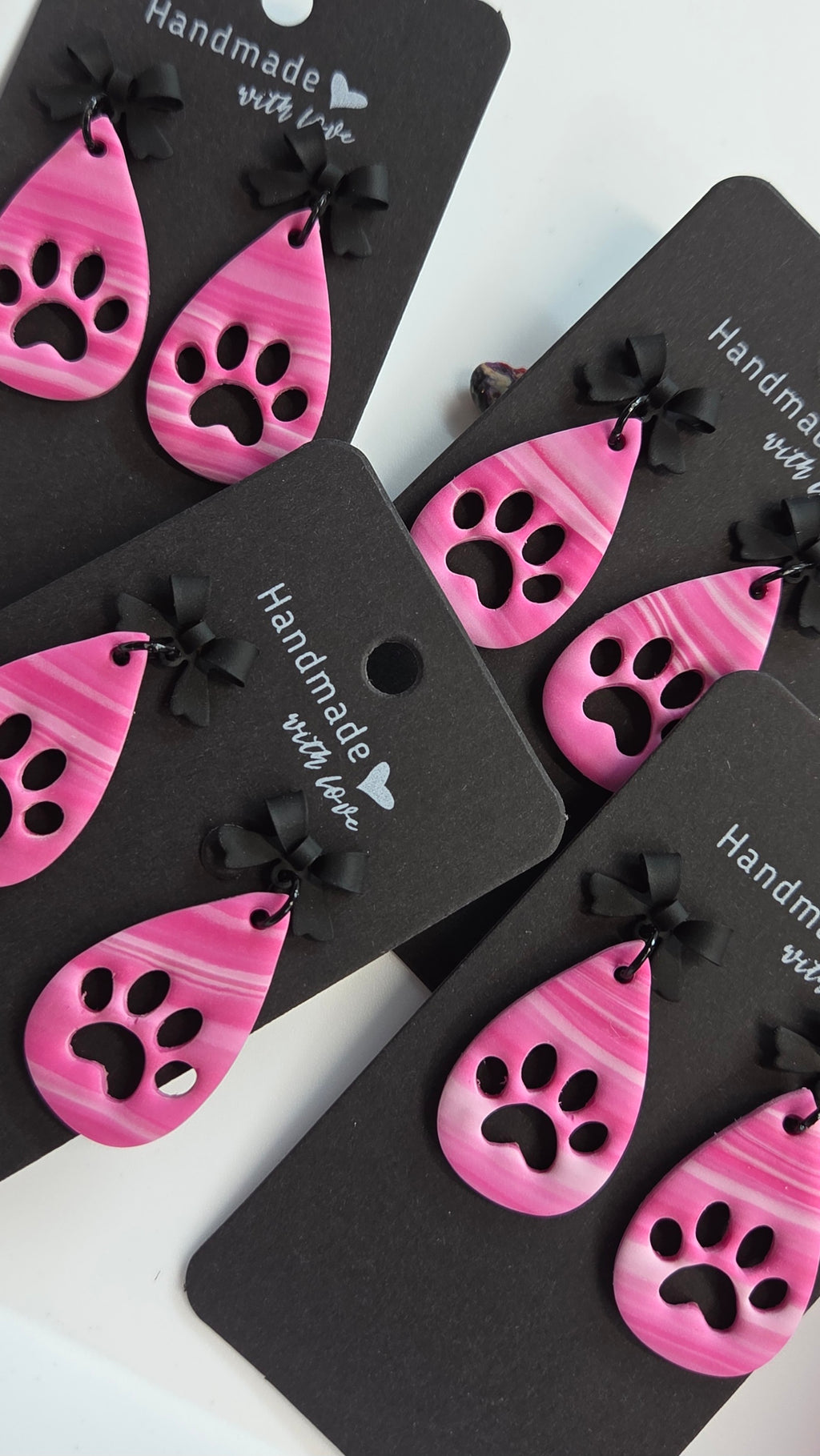Pink Paw Drop Dangle with Black Bow Studs!