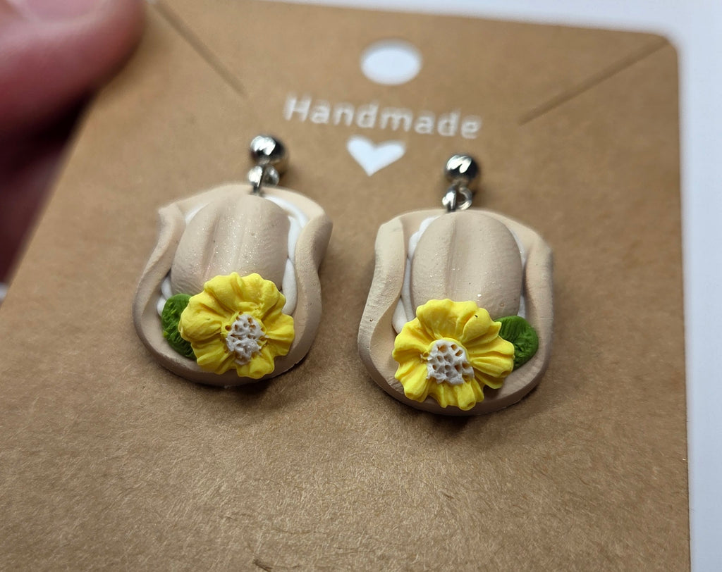 Cow Girl Hat With Yellow Flower Stud Dangle Earrings!