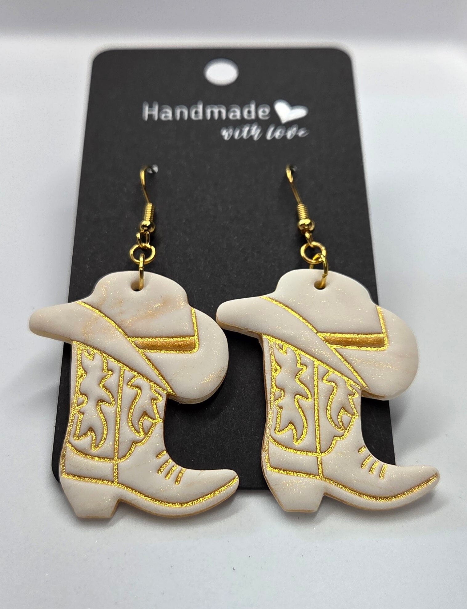 White and Gold Cowboy Boots and Hat Dangle Earrings!