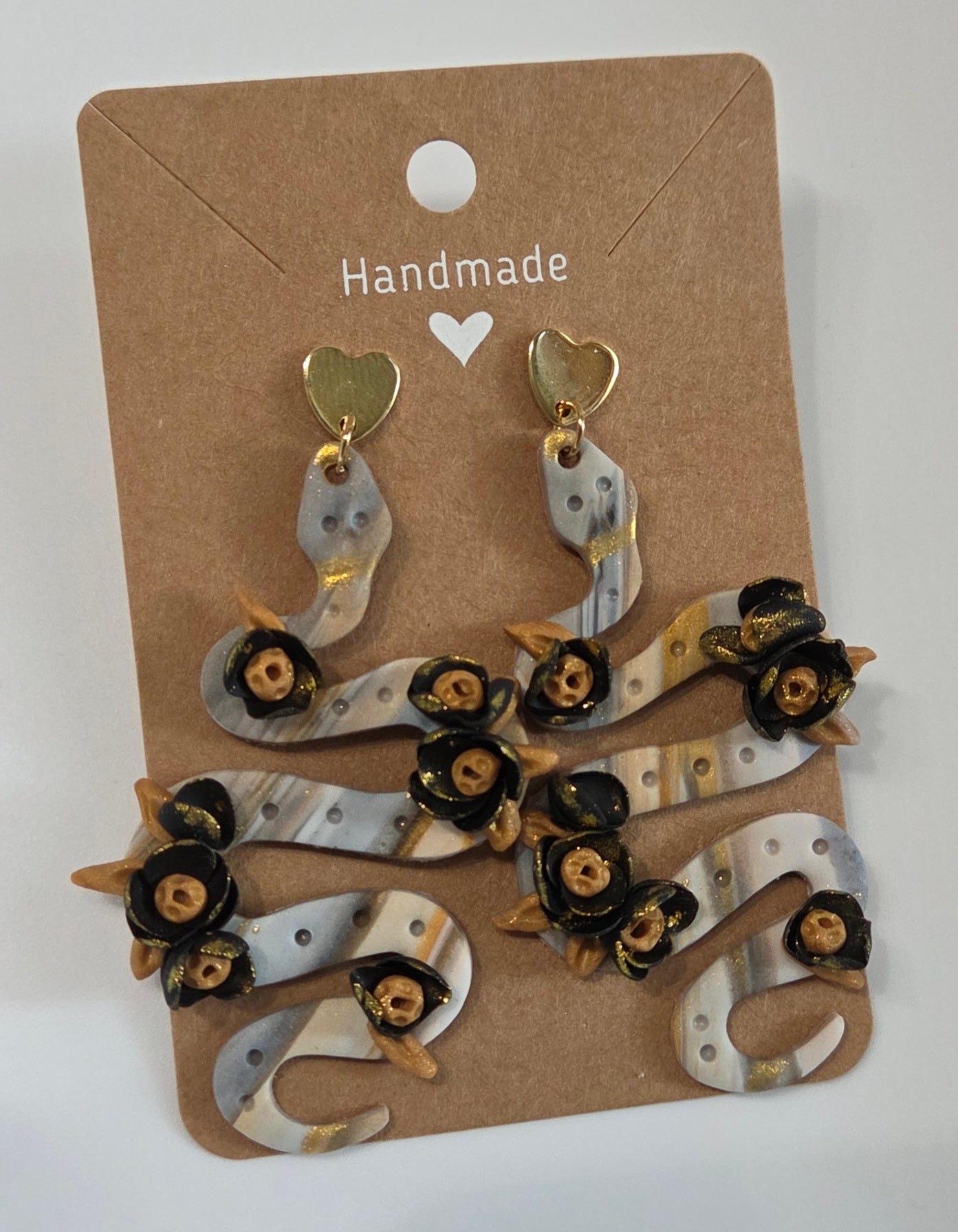 Large Dangle Snake Black Flowers with Gold Leaf