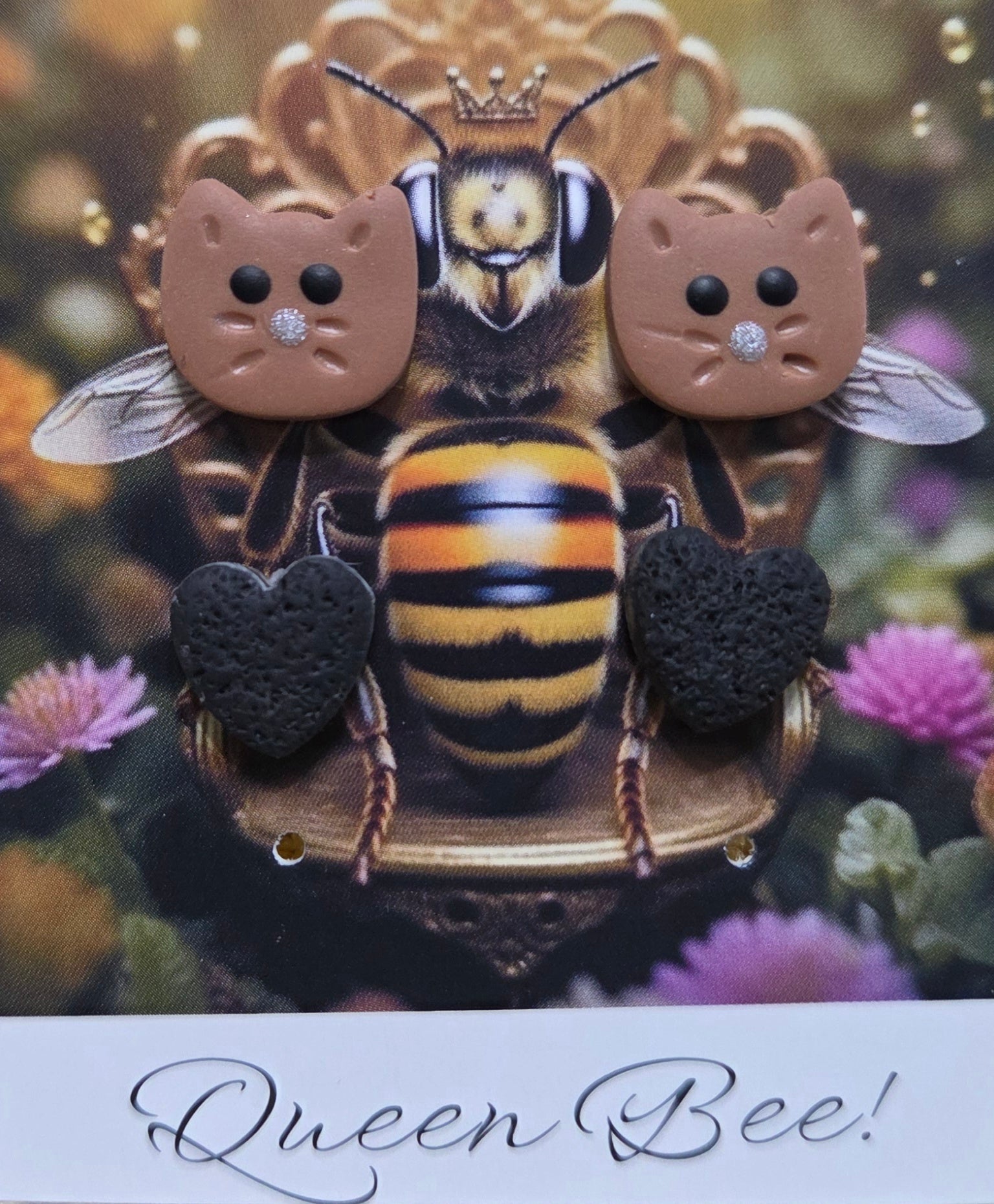 Cat Face and Black Heart Stud Earring Set!