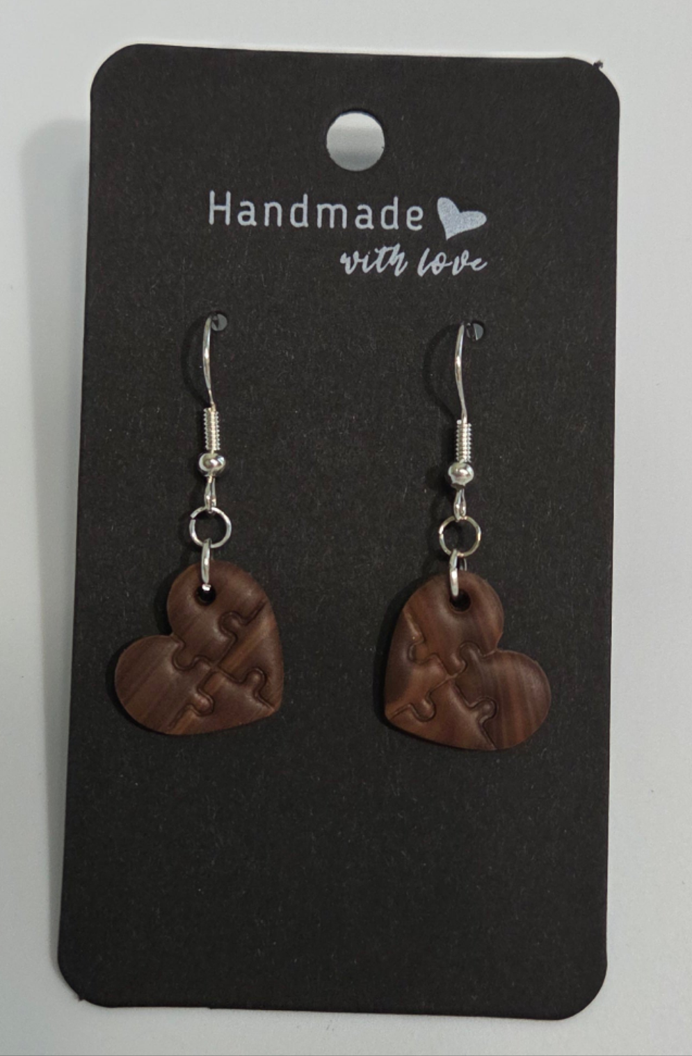 BROWN PUZZLE HEART DANGLE EARRING!