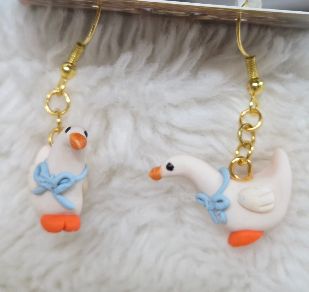 GOOSE WITH BLUE BOWS DANGLE EARRINGS!