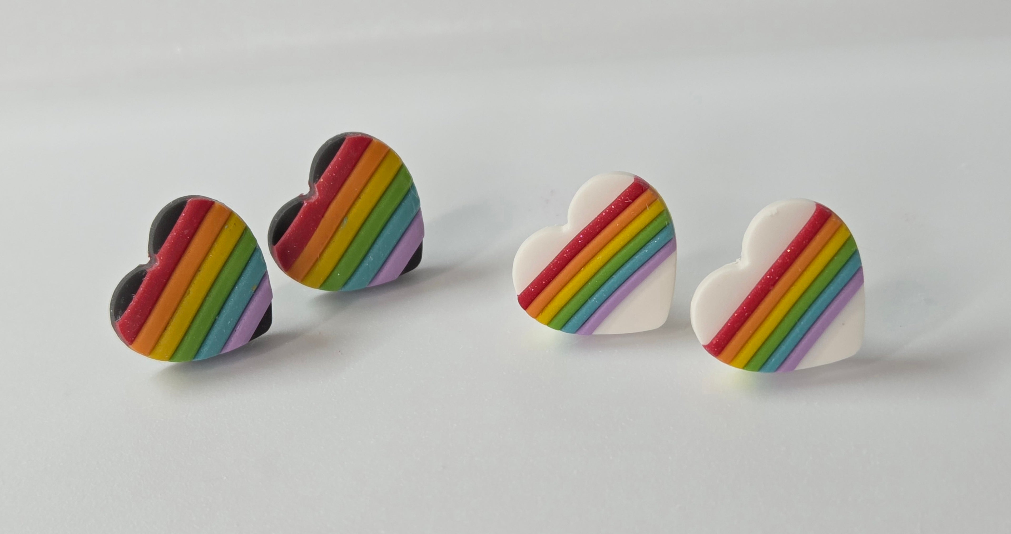 WHITE OR BLACK RAINBOW HEART STUD EARRINGS!