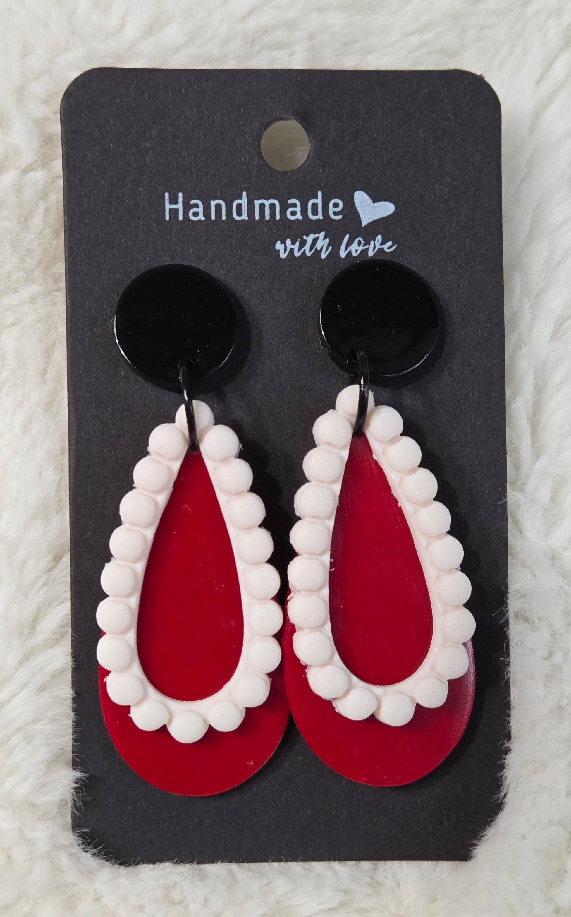 Pretty Lady! Black Button Stud Red Drop With White Loop dangle Earring!