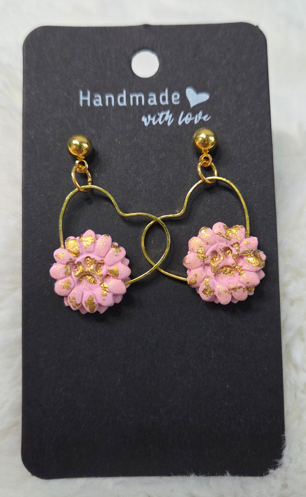 PET LOVE PINK FLOWER GLAM GOLD FLAKE HEART DANGLE STUD EARRINGS!