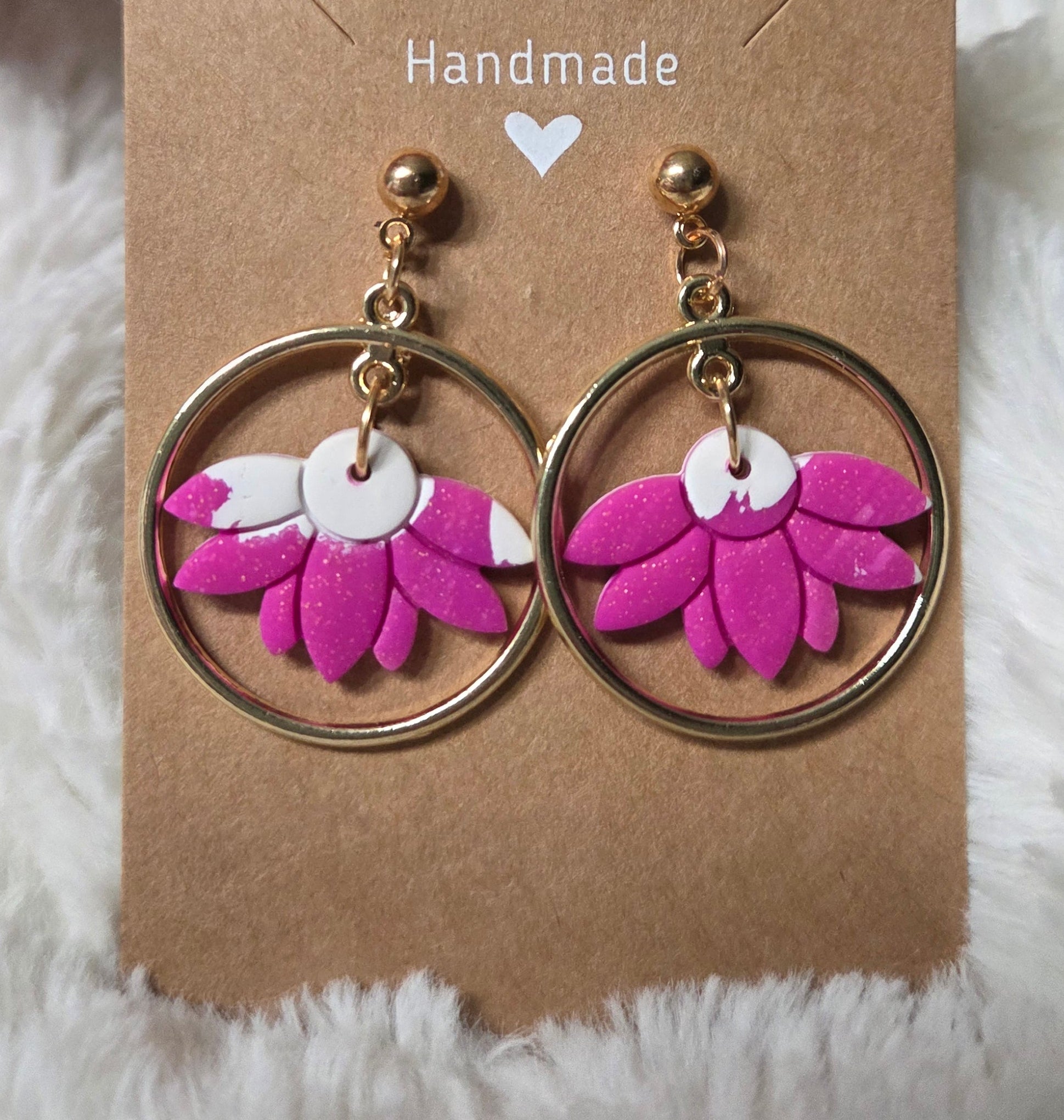 YELLOW GOLD HOOP PINK FLOWER DANGLE STUD EARRINGS!