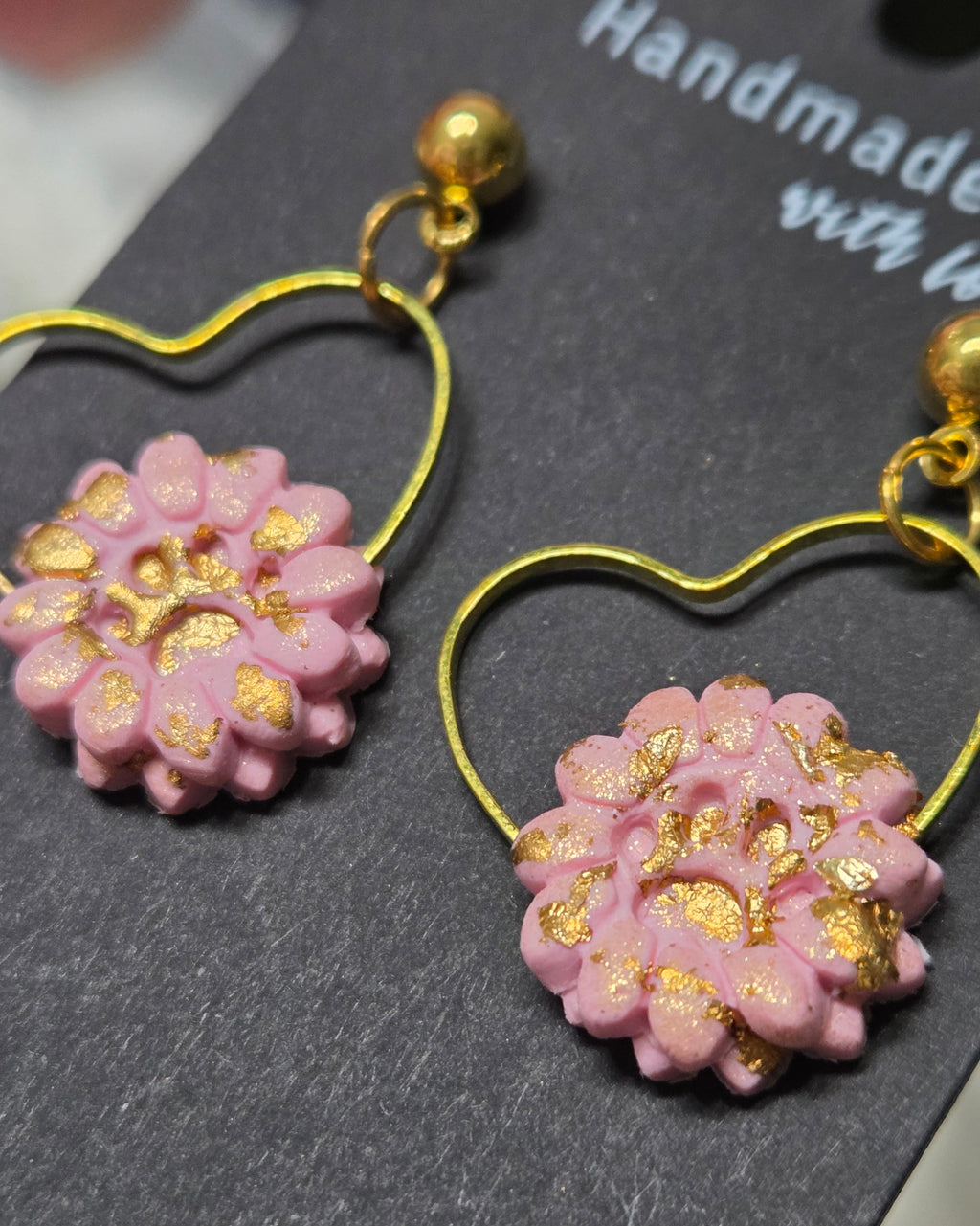 PET LOVE PINK FLOWER GLAM GOLD FLAKE HEART DANGLE STUD EARRINGS!