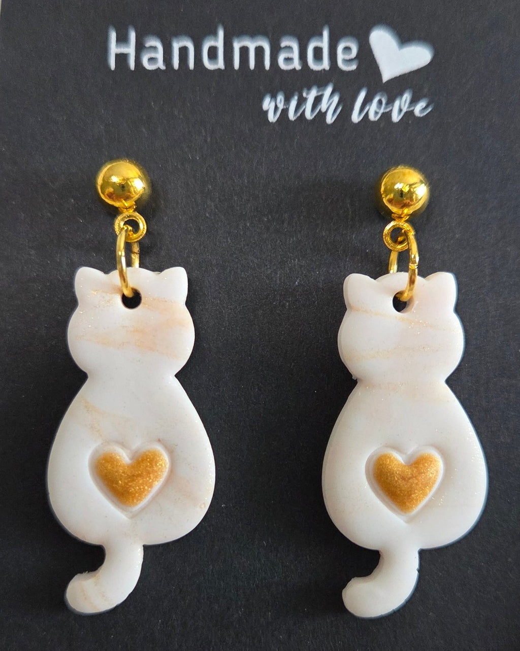 WHITE CATS WITH GOLD HEART BUMS STUD DANGLE EARRINGS!
