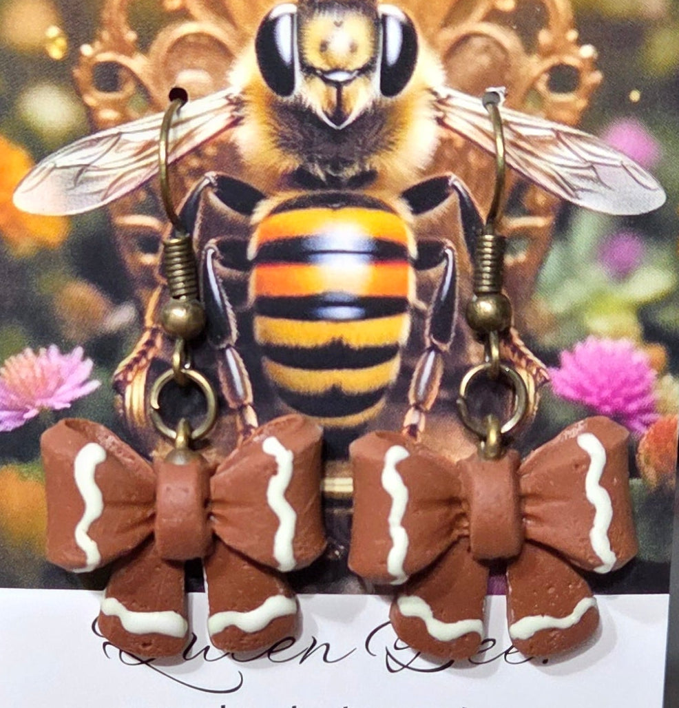 GINGERBREAD BOW DANGLE EARRINGS!