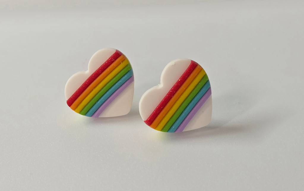 WHITE OR BLACK RAINBOW HEART STUD EARRINGS!