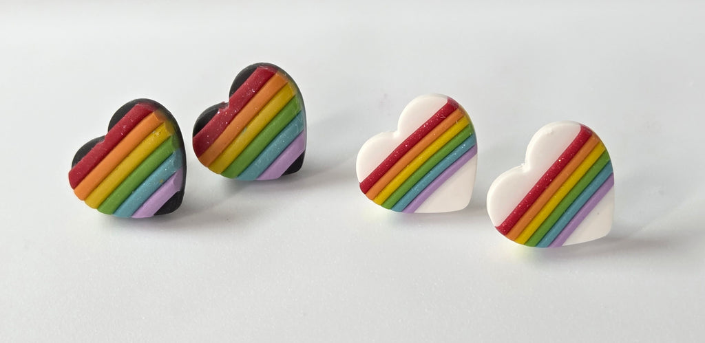 WHITE OR BLACK RAINBOW HEART STUD EARRINGS!