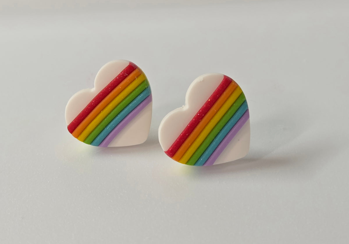 WHITE OR BLACK RAINBOW HEART STUD EARRINGS!