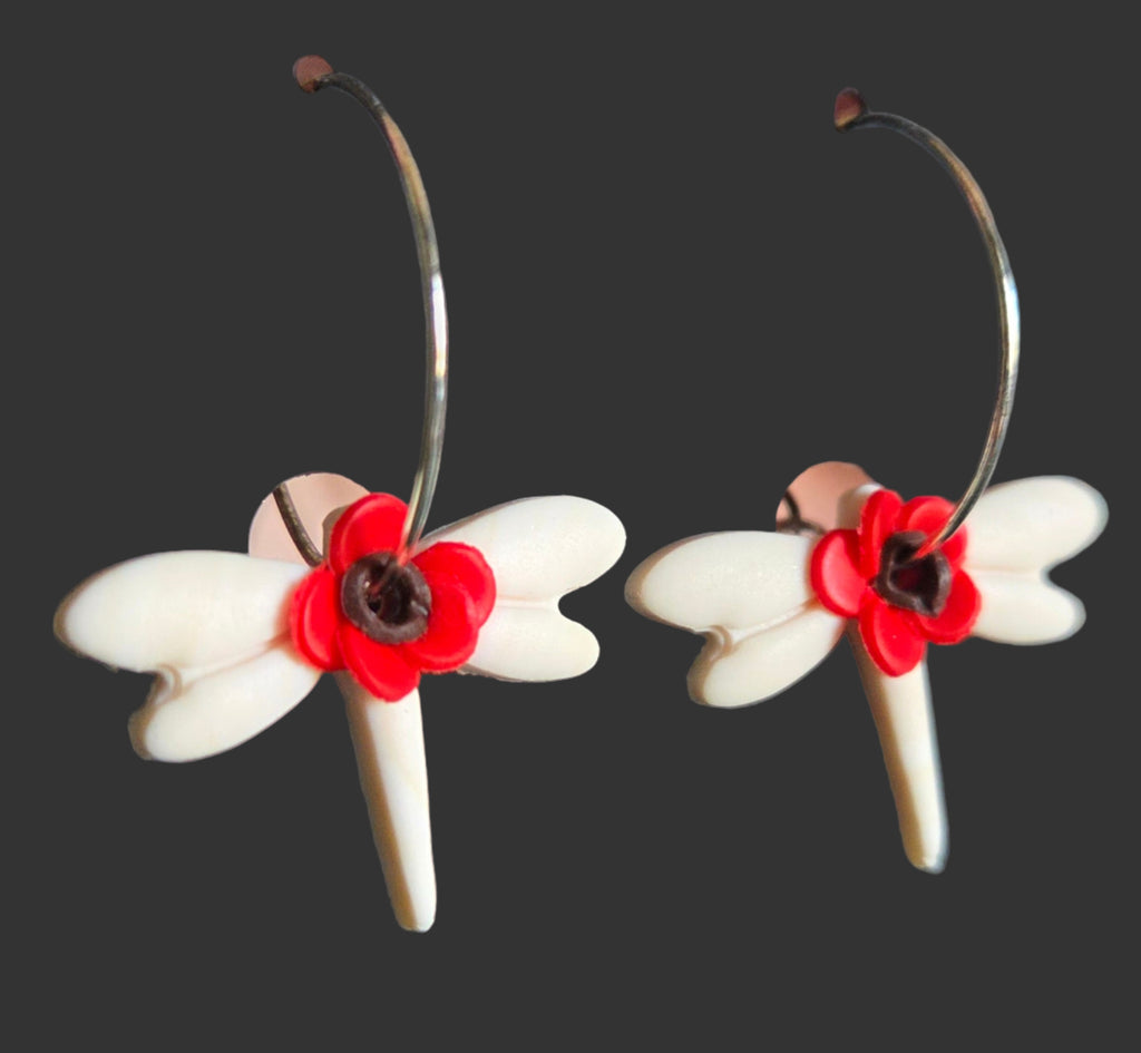 Dragonfly RED Flower Hoop Earrings!