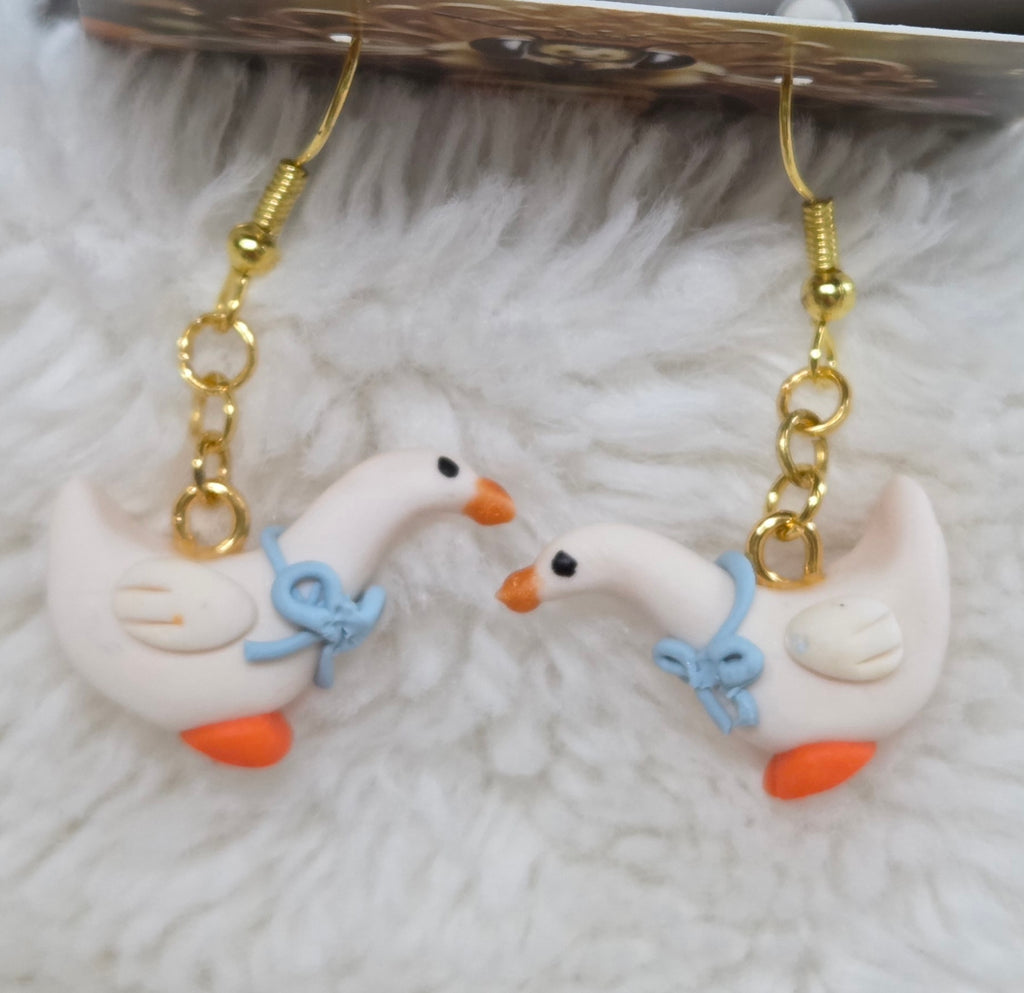 GOOSE WITH BLUE BOWS DANGLE EARRINGS!
