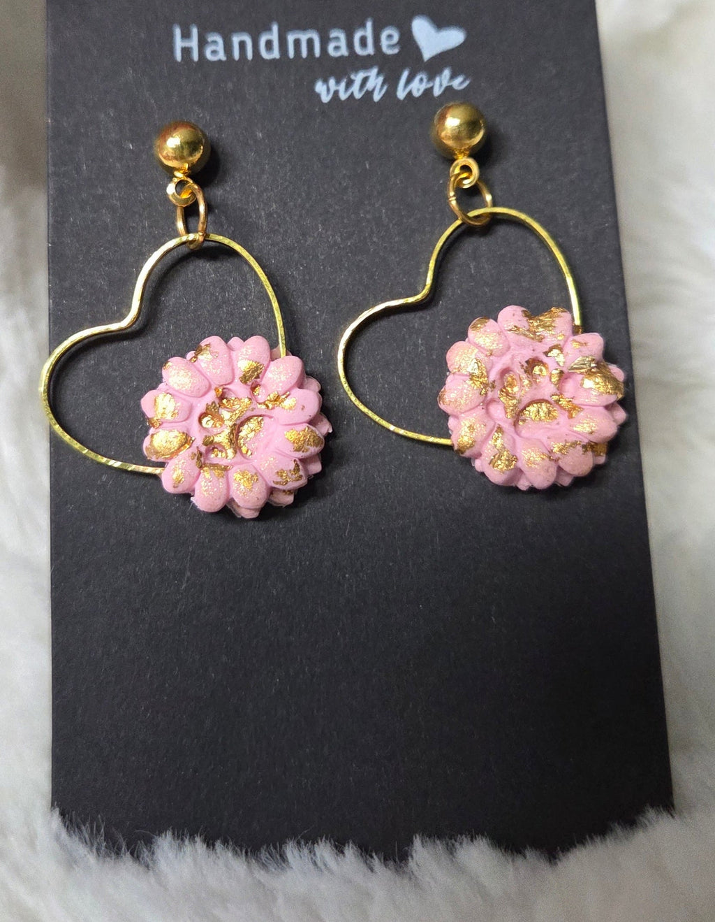 PET LOVE PINK FLOWER GLAM GOLD FLAKE HEART DANGLE STUD EARRINGS!